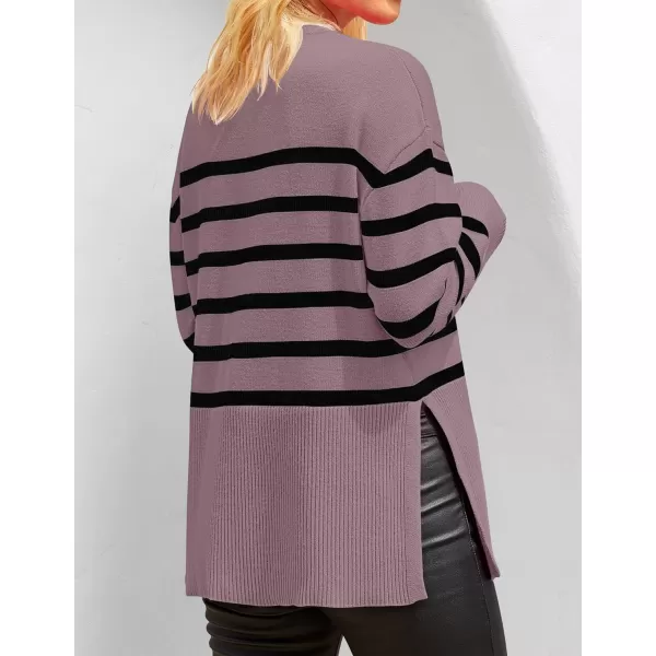imageZESICA Womens 2023 Fall Winter Striped Long Sleeve Crew Neck Ribbed Knit Side Slit Oversized Pullover Sweater Jumper TopPurple