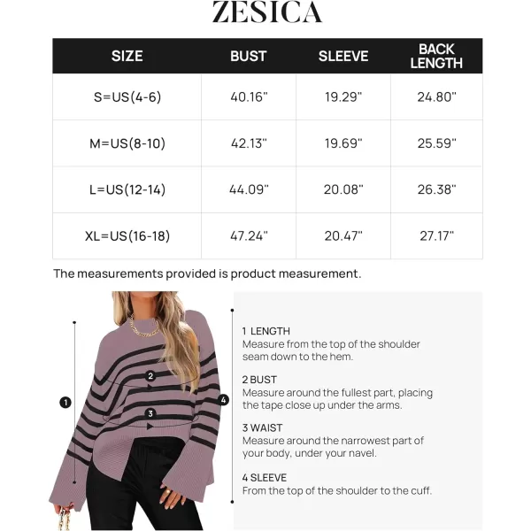 imageZESICA Womens 2023 Fall Winter Striped Long Sleeve Crew Neck Ribbed Knit Side Slit Oversized Pullover Sweater Jumper TopPurple