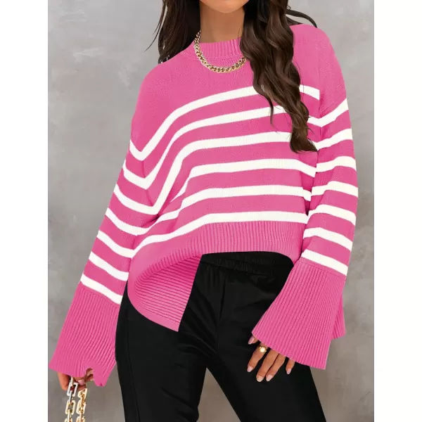 imageZESICA Womens 2023 Fall Winter Striped Long Sleeve Crew Neck Ribbed Knit Side Slit Oversized Pullover Sweater Jumper TopRose