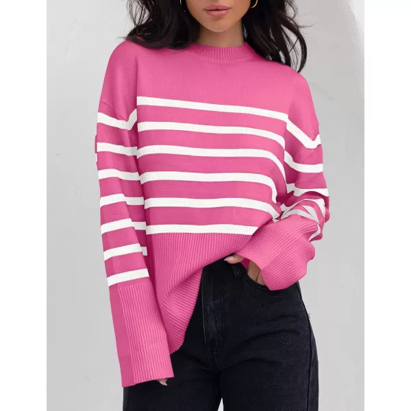 imageZESICA Womens 2023 Fall Winter Striped Long Sleeve Crew Neck Ribbed Knit Side Slit Oversized Pullover Sweater Jumper TopRose
