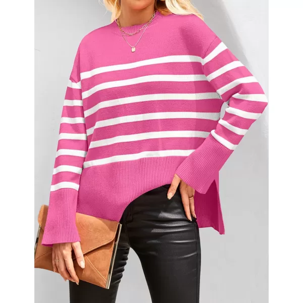 imageZESICA Womens 2023 Fall Winter Striped Long Sleeve Crew Neck Ribbed Knit Side Slit Oversized Pullover Sweater Jumper TopRose