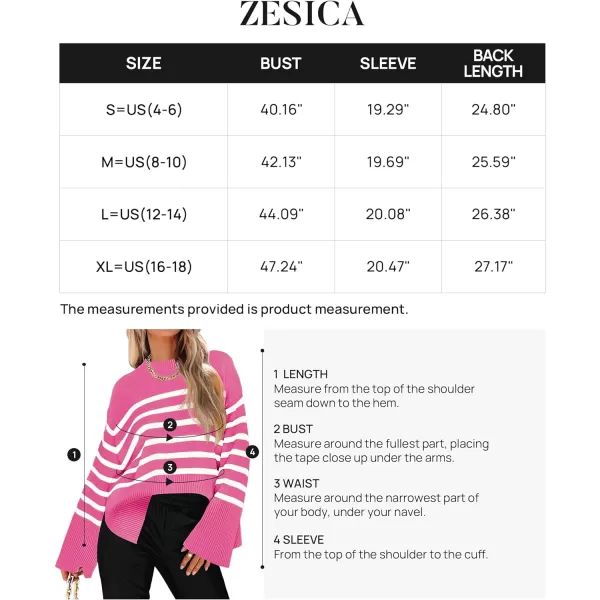 imageZESICA Womens 2023 Fall Winter Striped Long Sleeve Crew Neck Ribbed Knit Side Slit Oversized Pullover Sweater Jumper TopRose