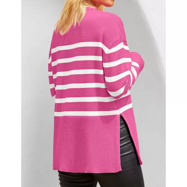 imageZESICA Womens 2023 Fall Winter Striped Long Sleeve Crew Neck Ribbed Knit Side Slit Oversized Pullover Sweater Jumper TopRose
