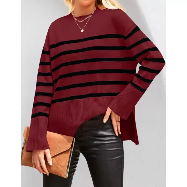 imageZESICA Womens 2023 Fall Winter Striped Long Sleeve Crew Neck Ribbed Knit Side Slit Oversized Pullover Sweater Jumper TopWine