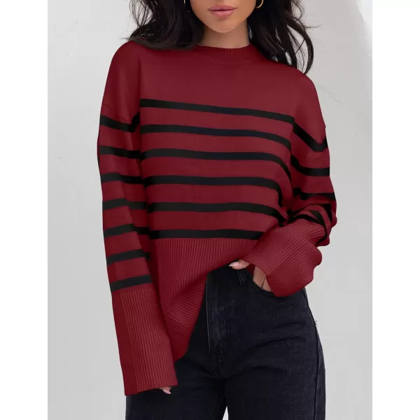 imageZESICA Womens 2023 Fall Winter Striped Long Sleeve Crew Neck Ribbed Knit Side Slit Oversized Pullover Sweater Jumper TopWine