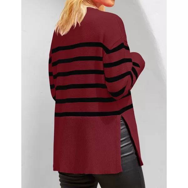 imageZESICA Womens 2023 Fall Winter Striped Long Sleeve Crew Neck Ribbed Knit Side Slit Oversized Pullover Sweater Jumper TopWine