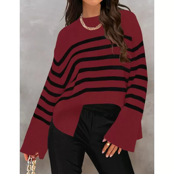 imageZESICA Womens 2023 Fall Winter Striped Long Sleeve Crew Neck Ribbed Knit Side Slit Oversized Pullover Sweater Jumper TopWine