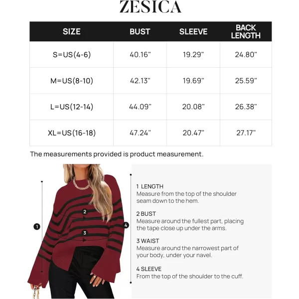imageZESICA Womens 2023 Fall Winter Striped Long Sleeve Crew Neck Ribbed Knit Side Slit Oversized Pullover Sweater Jumper TopWine