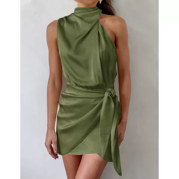imageZESICA Womens 2023 Fashion Satin Sleeveless Halter Neck Tie Waist Wrap Bodycon Cocktail Party Mini DressArmygreen