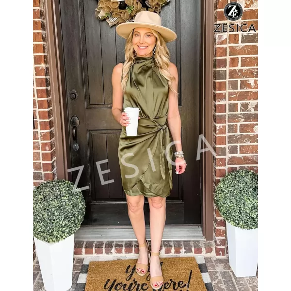 imageZESICA Womens 2023 Fashion Satin Sleeveless Halter Neck Tie Waist Wrap Bodycon Cocktail Party Mini DressArmygreen