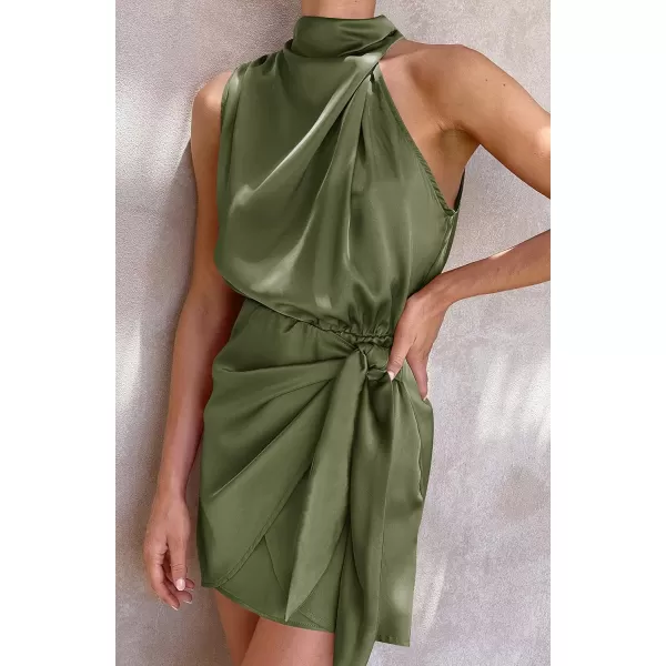 imageZESICA Womens 2023 Fashion Satin Sleeveless Halter Neck Tie Waist Wrap Bodycon Cocktail Party Mini DressArmygreen