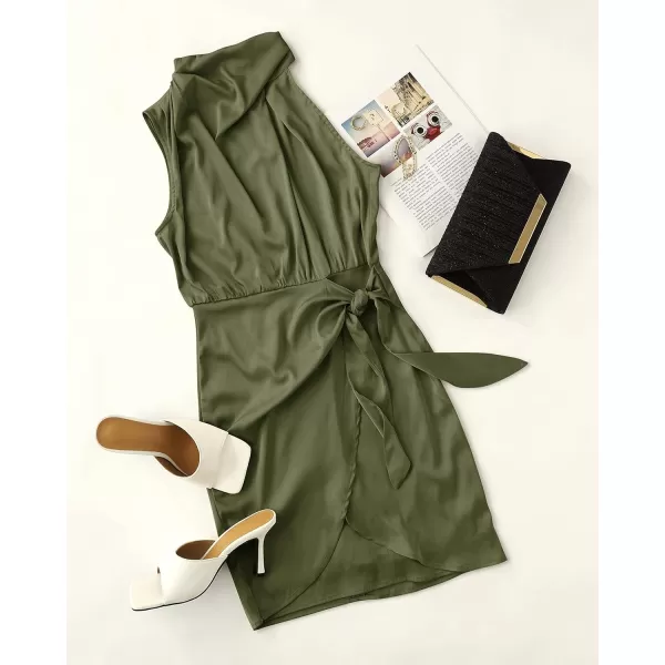 imageZESICA Womens 2023 Fashion Satin Sleeveless Halter Neck Tie Waist Wrap Bodycon Cocktail Party Mini DressArmygreen