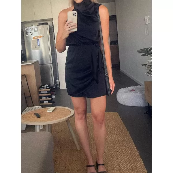 imageZESICA Womens 2023 Fashion Satin Sleeveless Halter Neck Tie Waist Wrap Bodycon Cocktail Party Mini DressBlack