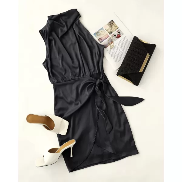 imageZESICA Womens 2023 Fashion Satin Sleeveless Halter Neck Tie Waist Wrap Bodycon Cocktail Party Mini DressBlack