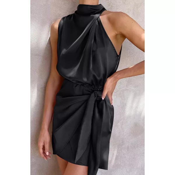 imageZESICA Womens 2023 Fashion Satin Sleeveless Halter Neck Tie Waist Wrap Bodycon Cocktail Party Mini DressBlack