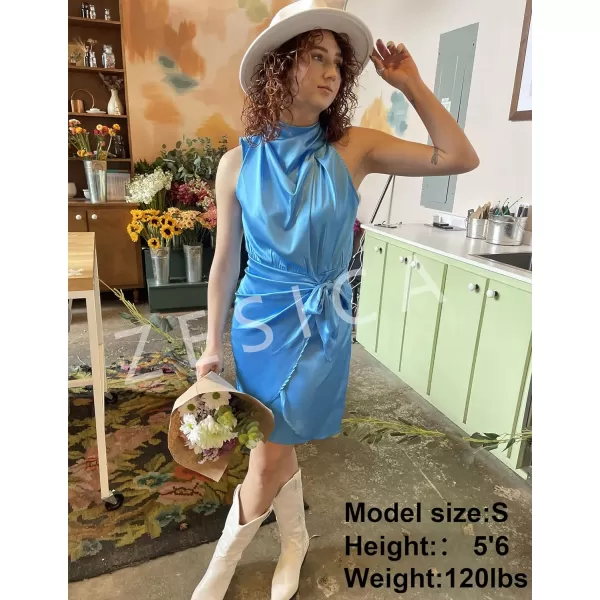 imageZESICA Womens 2023 Fashion Satin Sleeveless Halter Neck Tie Waist Wrap Bodycon Cocktail Party Mini DressBlue