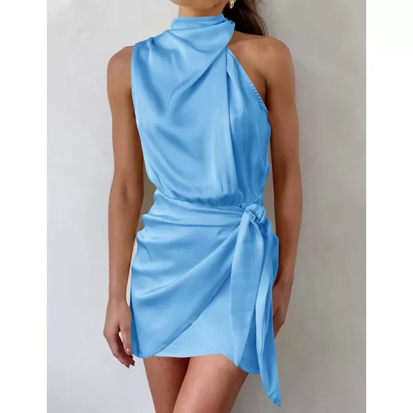 imageZESICA Womens 2023 Fashion Satin Sleeveless Halter Neck Tie Waist Wrap Bodycon Cocktail Party Mini DressBlue