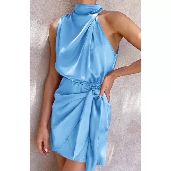 imageZESICA Womens 2023 Fashion Satin Sleeveless Halter Neck Tie Waist Wrap Bodycon Cocktail Party Mini DressBlue