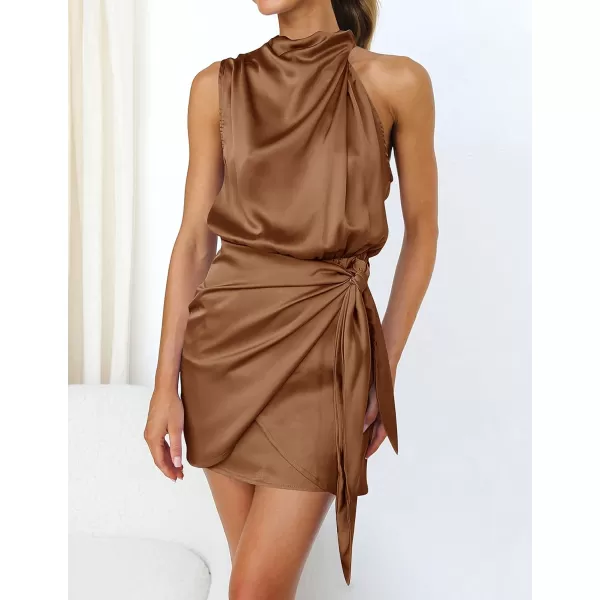 imageZESICA Womens 2023 Fashion Satin Sleeveless Halter Neck Tie Waist Wrap Bodycon Cocktail Party Mini DressBrown