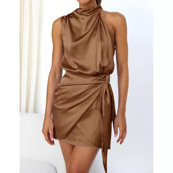 imageZESICA Womens 2023 Fashion Satin Sleeveless Halter Neck Tie Waist Wrap Bodycon Cocktail Party Mini DressBrown