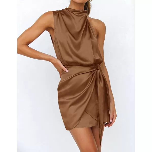imageZESICA Womens 2023 Fashion Satin Sleeveless Halter Neck Tie Waist Wrap Bodycon Cocktail Party Mini DressBrown