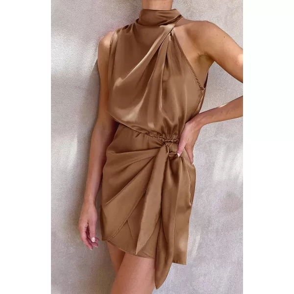 imageZESICA Womens 2023 Fashion Satin Sleeveless Halter Neck Tie Waist Wrap Bodycon Cocktail Party Mini DressBrown