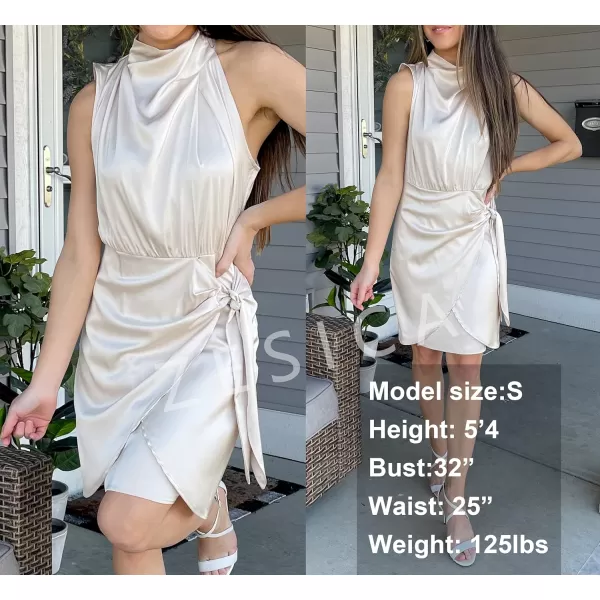 imageZESICA Womens 2023 Fashion Satin Sleeveless Halter Neck Tie Waist Wrap Bodycon Cocktail Party Mini DressChampagne