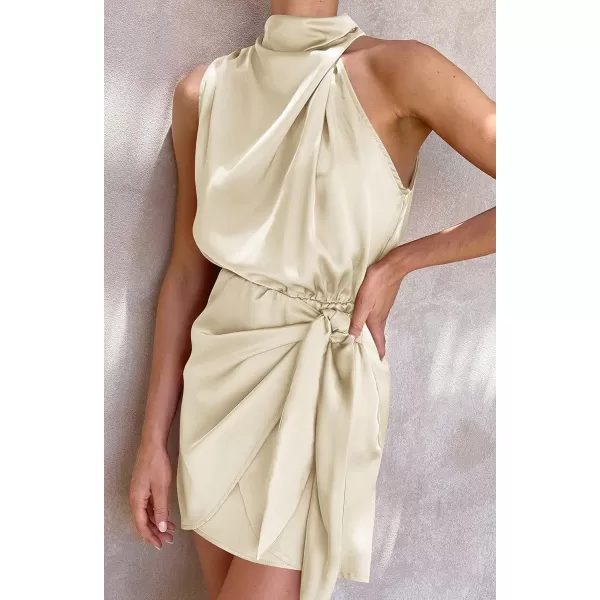 imageZESICA Womens 2023 Fashion Satin Sleeveless Halter Neck Tie Waist Wrap Bodycon Cocktail Party Mini DressChampagne