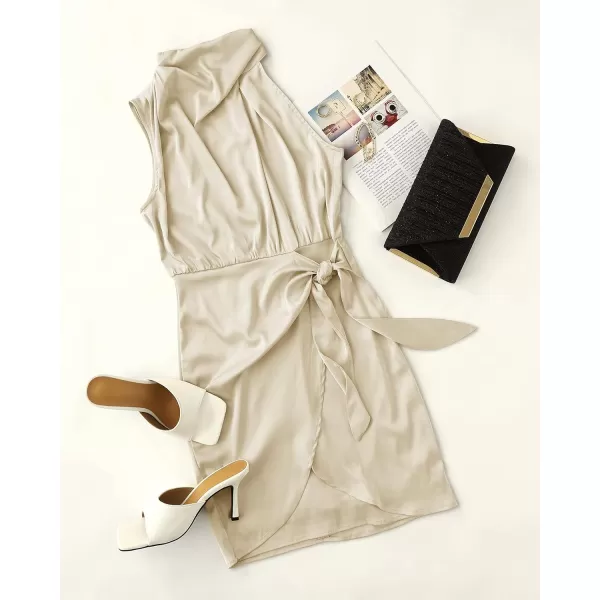 imageZESICA Womens 2023 Fashion Satin Sleeveless Halter Neck Tie Waist Wrap Bodycon Cocktail Party Mini DressChampagne