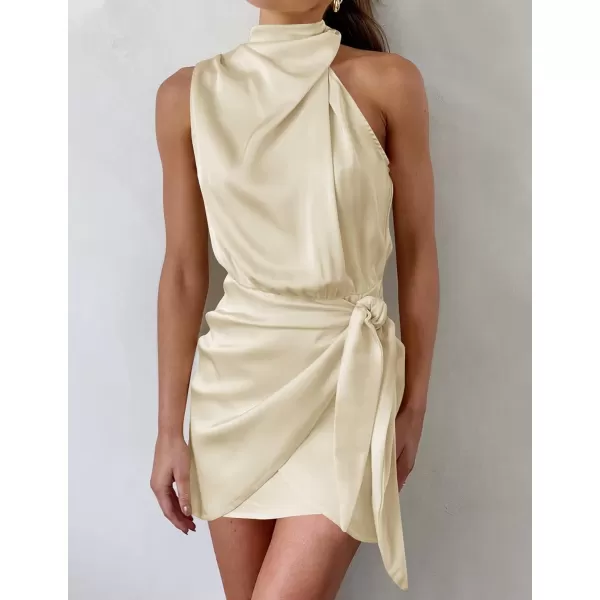 imageZESICA Womens 2023 Fashion Satin Sleeveless Halter Neck Tie Waist Wrap Bodycon Cocktail Party Mini DressChampagne