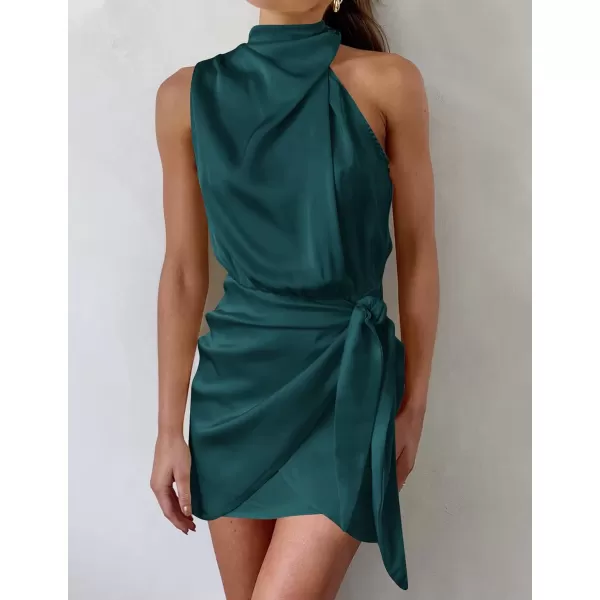 imageZESICA Womens 2023 Fashion Satin Sleeveless Halter Neck Tie Waist Wrap Bodycon Cocktail Party Mini DressEmeraldgreen