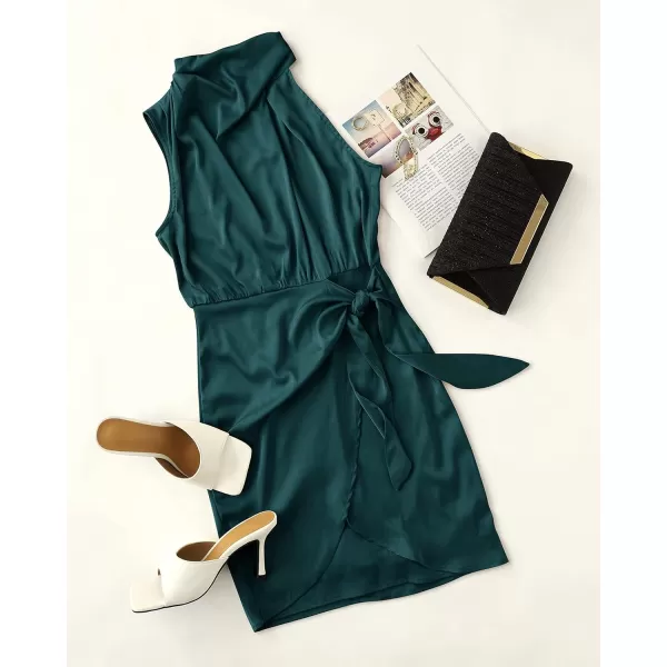 imageZESICA Womens 2023 Fashion Satin Sleeveless Halter Neck Tie Waist Wrap Bodycon Cocktail Party Mini DressEmeraldgreen
