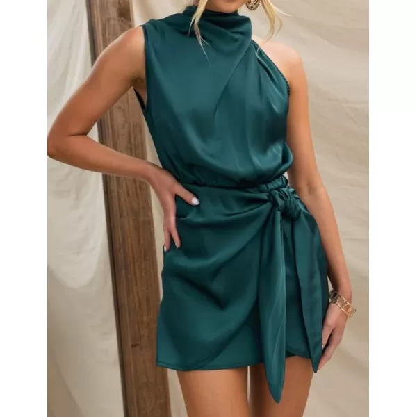 imageZESICA Womens 2023 Fashion Satin Sleeveless Halter Neck Tie Waist Wrap Bodycon Cocktail Party Mini DressEmeraldgreen