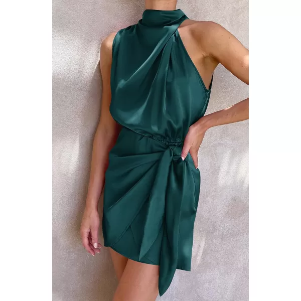 imageZESICA Womens 2023 Fashion Satin Sleeveless Halter Neck Tie Waist Wrap Bodycon Cocktail Party Mini DressEmeraldgreen
