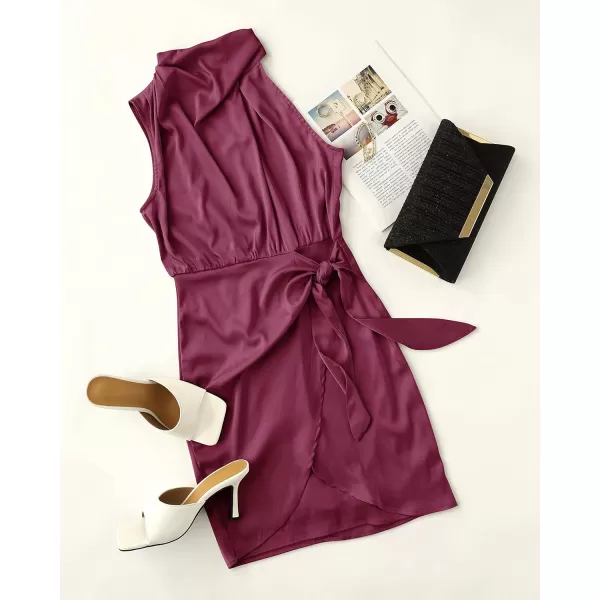 imageZESICA Womens 2023 Fashion Satin Sleeveless Halter Neck Tie Waist Wrap Bodycon Cocktail Party Mini DressFuchsia