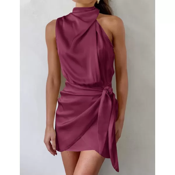 imageZESICA Womens 2023 Fashion Satin Sleeveless Halter Neck Tie Waist Wrap Bodycon Cocktail Party Mini DressFuchsia