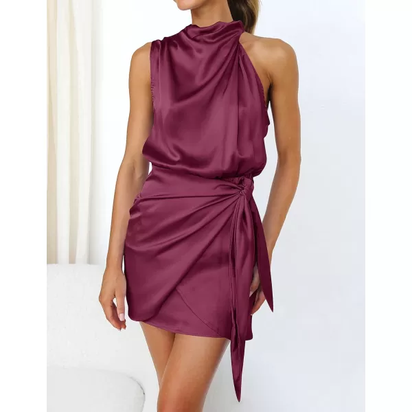 imageZESICA Womens 2023 Fashion Satin Sleeveless Halter Neck Tie Waist Wrap Bodycon Cocktail Party Mini DressFuchsia