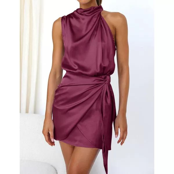 imageZESICA Womens 2023 Fashion Satin Sleeveless Halter Neck Tie Waist Wrap Bodycon Cocktail Party Mini DressFuchsia