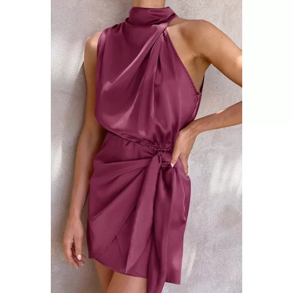 imageZESICA Womens 2023 Fashion Satin Sleeveless Halter Neck Tie Waist Wrap Bodycon Cocktail Party Mini DressFuchsia
