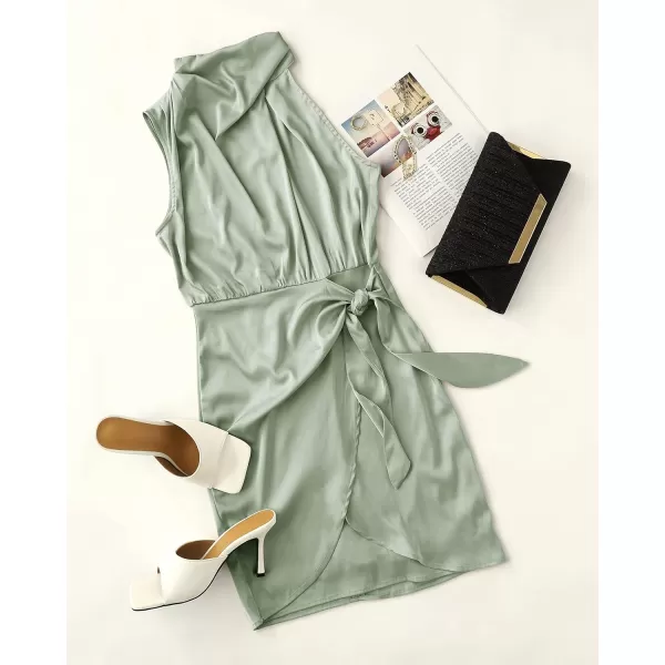 imageZESICA Womens 2023 Fashion Satin Sleeveless Halter Neck Tie Waist Wrap Bodycon Cocktail Party Mini DressGreen