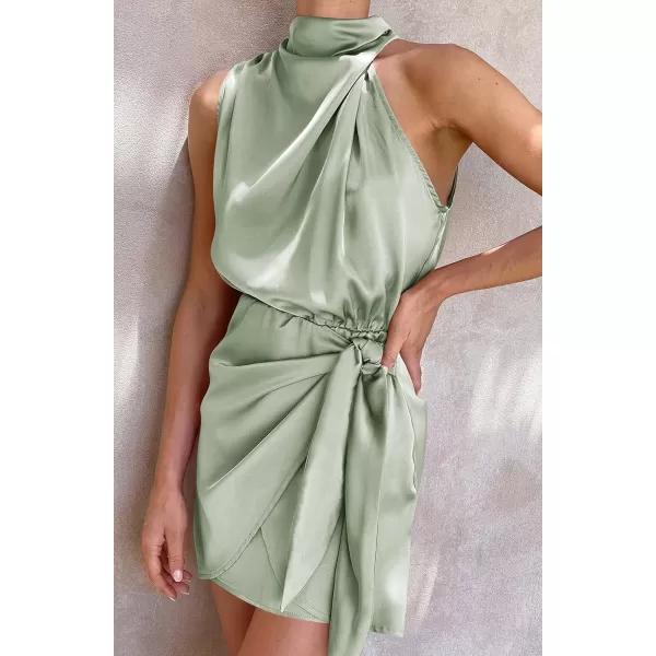 imageZESICA Womens 2023 Fashion Satin Sleeveless Halter Neck Tie Waist Wrap Bodycon Cocktail Party Mini DressGreen
