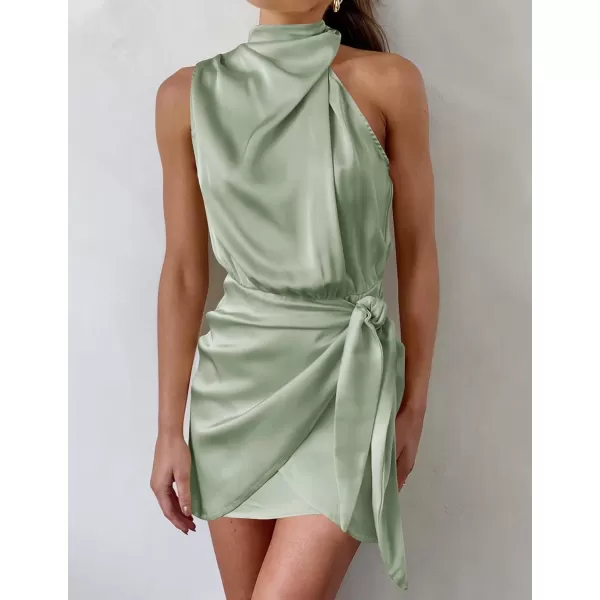 imageZESICA Womens 2023 Fashion Satin Sleeveless Halter Neck Tie Waist Wrap Bodycon Cocktail Party Mini DressGreen