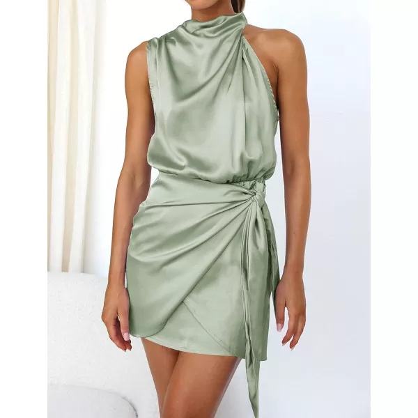 imageZESICA Womens 2023 Fashion Satin Sleeveless Halter Neck Tie Waist Wrap Bodycon Cocktail Party Mini DressGreen