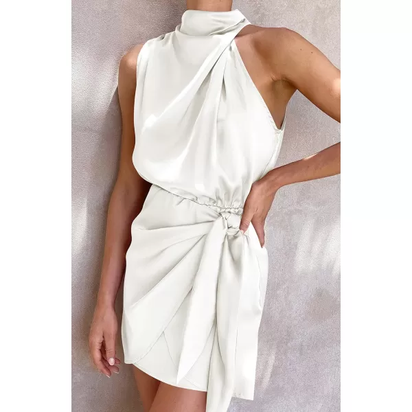 imageZESICA Womens 2023 Fashion Satin Sleeveless Halter Neck Tie Waist Wrap Bodycon Cocktail Party Mini DressIvory