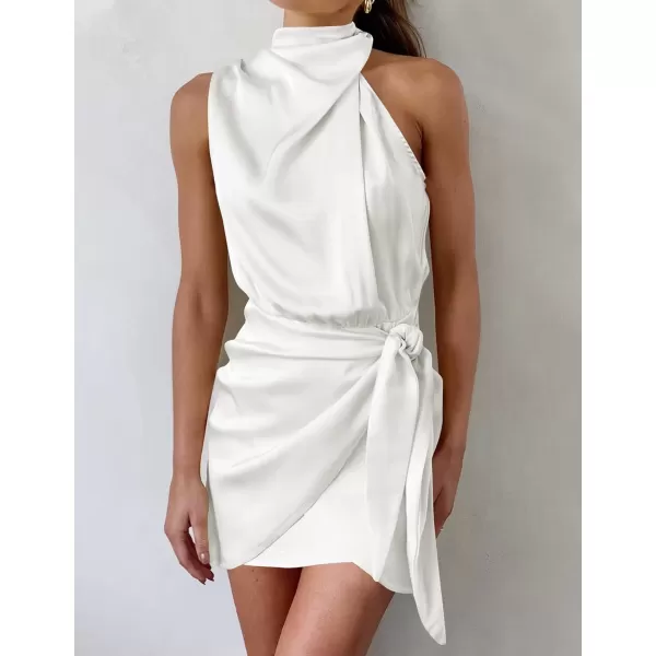 imageZESICA Womens 2023 Fashion Satin Sleeveless Halter Neck Tie Waist Wrap Bodycon Cocktail Party Mini DressIvory