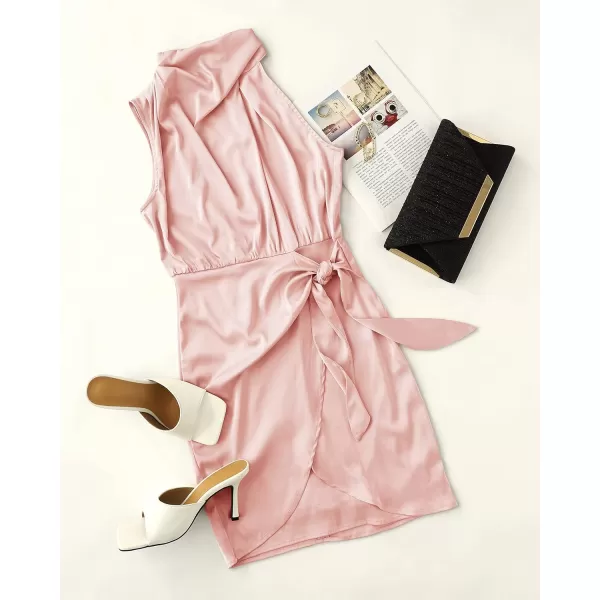 imageZESICA Womens 2023 Fashion Satin Sleeveless Halter Neck Tie Waist Wrap Bodycon Cocktail Party Mini DressLightpink