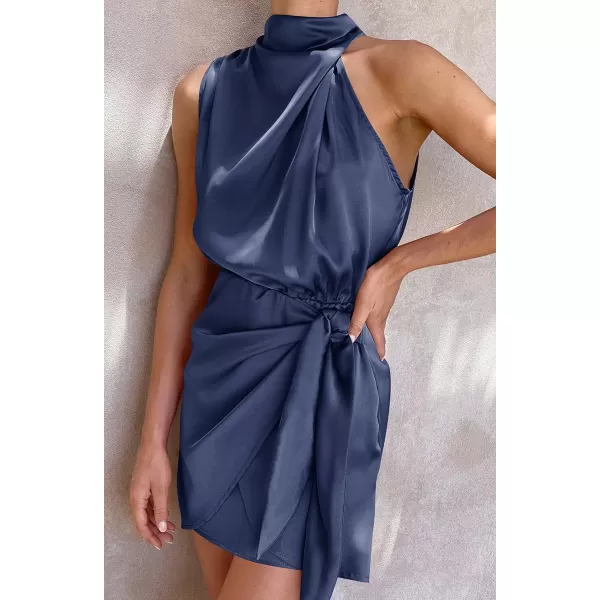 imageZESICA Womens 2023 Fashion Satin Sleeveless Halter Neck Tie Waist Wrap Bodycon Cocktail Party Mini DressNavy