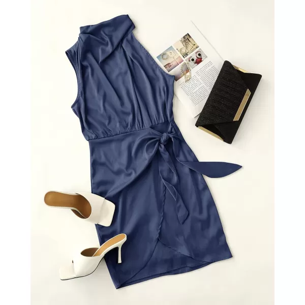 imageZESICA Womens 2023 Fashion Satin Sleeveless Halter Neck Tie Waist Wrap Bodycon Cocktail Party Mini DressNavy