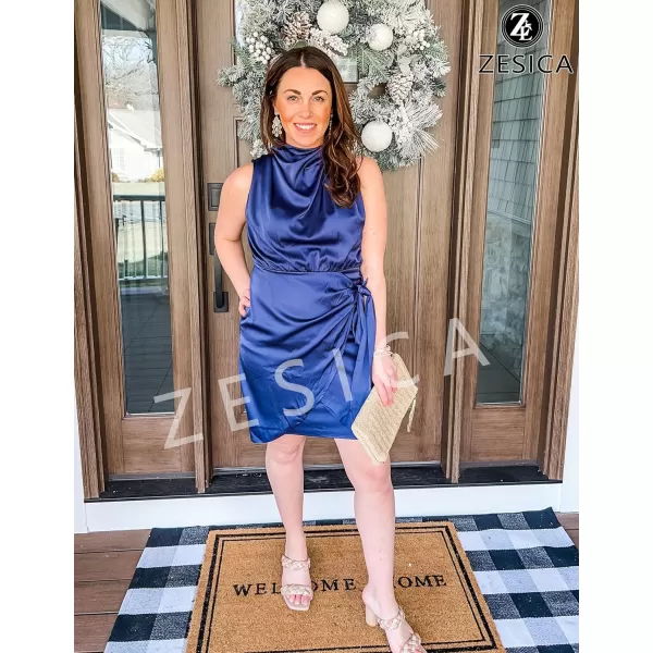 imageZESICA Womens 2023 Fashion Satin Sleeveless Halter Neck Tie Waist Wrap Bodycon Cocktail Party Mini DressNavy