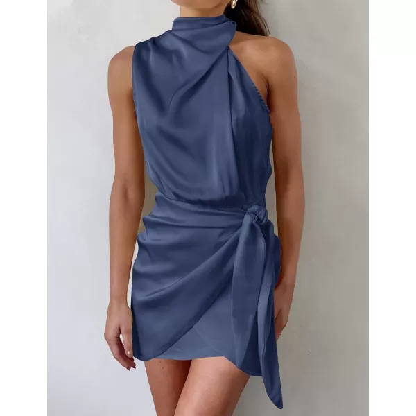 imageZESICA Womens 2023 Fashion Satin Sleeveless Halter Neck Tie Waist Wrap Bodycon Cocktail Party Mini DressNavy
